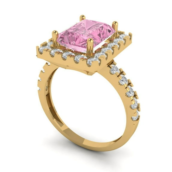 3.4ct emerald cut pink Zircon 18k yellow gold halo Bridal Wedding Engagement Promise Anniversary Ring for Women size 5.75