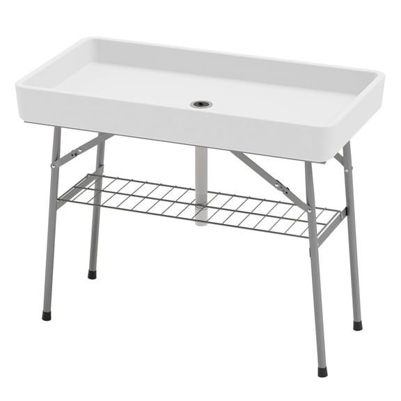 3.4ft Folding Ice Cooler Table with Drain & Shelf, Outdoor Drink Cooler for Parties, Picnics, Camping, White
