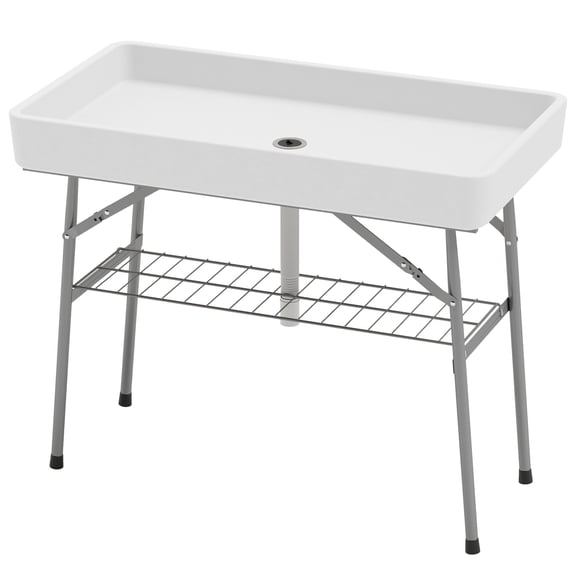 3.4ft Portable Folding Cooler Table with Drain & Storage Shelf, Outdoor Party Table for BBQ Picnic Camping Beach Tailgating, White