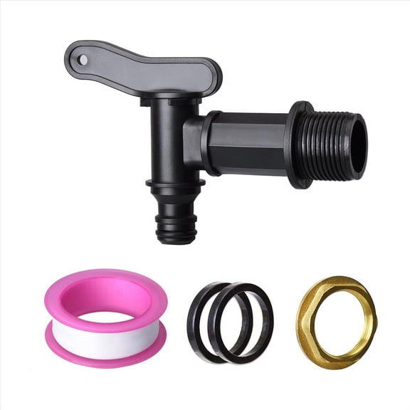3/4in Water Butt Tap Plastic Snap-Fit Hosepipe Rain Water Butts Thread Replacement Water Tap with Brass Nut,1 set x Water Butt Tap,Black