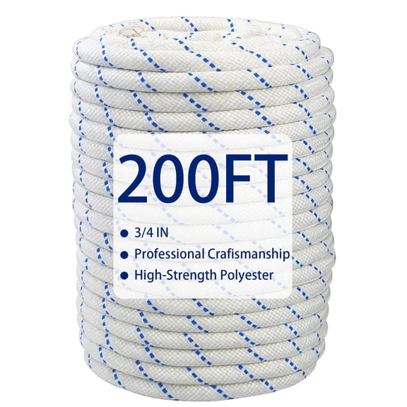 3/4in x 200 Ft Double Braid Polyester Rope, High Force Braided Polyester Rope, 20000Lbs Breaking Strength Strong, Multipurpose Pulling Rope, for Tree Work, Camping, Swings