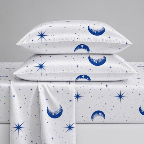 3/4pcs cool satin fitted sheet set, skin-friendly silky,Star moon print, high-count breathable moisture absorbing,Tight reinforced stitching, tear-proof,Wash durable, (White,Twin)