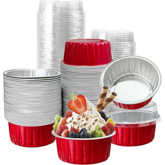 3.4x2.6x1.4In Red Tins Foil Pans Cups,50Pcs Durable Creme Cupcake Cups,Foil Baking Containers with Lids for Pudding,Souffle,Appetizer(125ml/4.2oz)