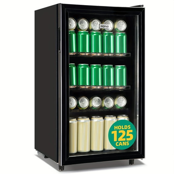 3.5/1.7 Cu.Ft Beverage Refrigerator Cooler - 125/60 Can Mini Fridge with Glass Door, LED Light & Adjustable Shelves, Black for Home Bar/Office