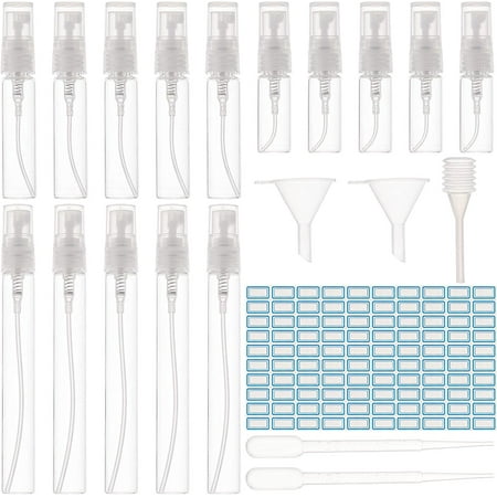 3/5/10ML Clear Glass Spray Bottles Perfume Dispensing Kits Including Mini Refillable Glass Spray Bottles, Plastic Spring Transfer Pipettes & Funnels, Label Paster (15PCS)