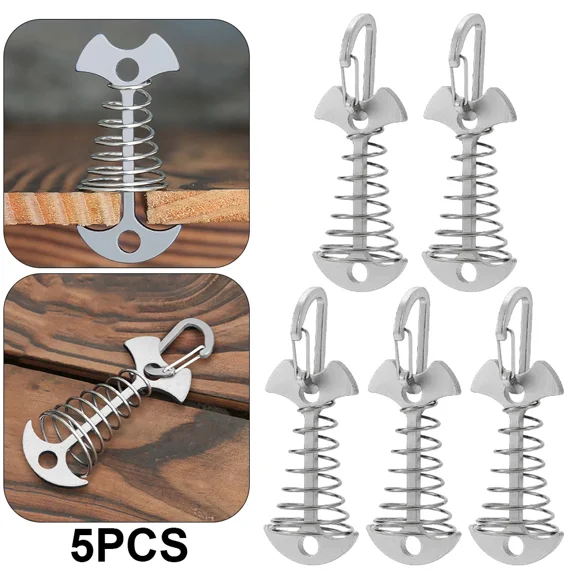 3/5/10PCS Spring Fishbone Deck Pegs Tent Stakes Awning Anchor Wind Rope Buckle with Carabiner Deck Fixed Nails Camping Tent Hook