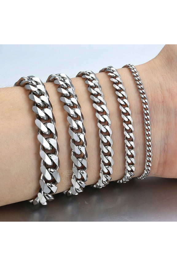 3/5/7/9/11mm Silver Stainless Steel Curb Cuban Chain Bracelet for Men Women 7 inch-10 inch