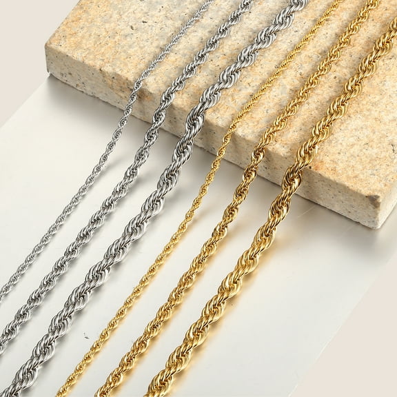 3/5/7mm 22Inch Twisted Rope Link Chain Silver/Gold Stainless Steel Necklace for Men