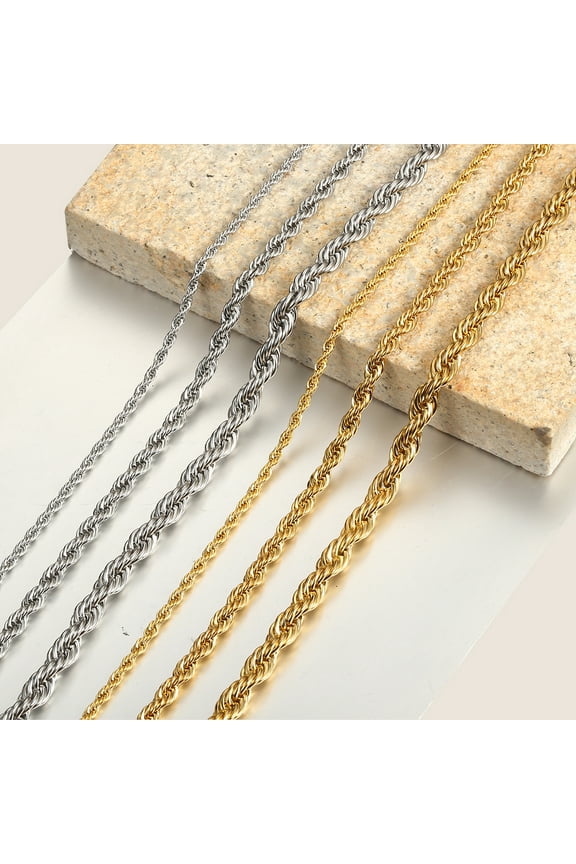 3/5/7mm 22Inch Twisted Rope Link Chain Silver/Gold Stainless Steel Necklace for Men