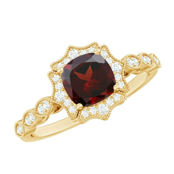 Rosec Jewels Real Garnet Vintage Inspired Engagement Ring - Cushion Cut Garnet and Diamond Halo Ring - with Jewelry Box, 10K Yellow Gold, US 4.00