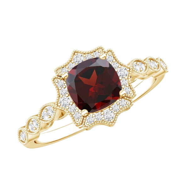 Rosec Jewels Real Garnet Vintage Inspired Engagement Ring - Cushion Cut Garnet and Diamond Halo Ring - with Jewelry Box, 14K Yellow Gold, US 10.00
