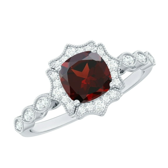Rosec Jewels Real Garnet Vintage Inspired Engagement Ring - Cushion Cut Garnet and Diamond Halo Ring - with Jewelry Box, 925 Sterling Silver, US 4.00