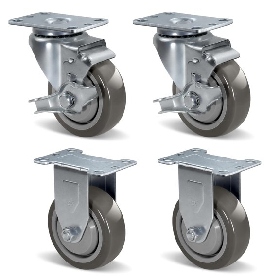 3.5" Casters Set of 4, Polyurethane Heavy Duty Caster Wheels Swivel Casters with Brake Total Capacity 1000lbs for Cart Furniture Workbench (2 w/Brakes & 2 Rigid)