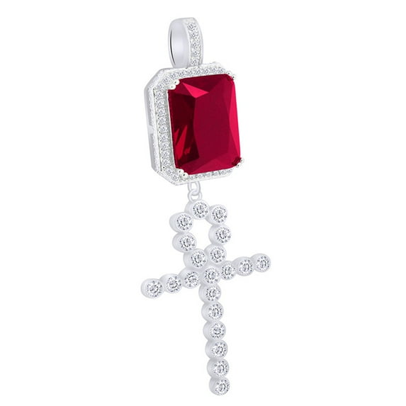 AFFY 3.5 Cttw Simulated Garnet & White Natural Diamond Hip Hop Jewelry Cross Charm Pendant In 14k Solid White Gold