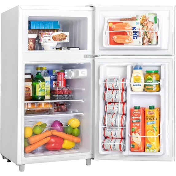 3.5 Cu.Ft 2 Door Mini Fridge with Freezer, Small Refrigerator, 7 Level Adjustable Thermostat, Compact Fridge for Living Room, Dorm, Office, Kitchen and Apartment (Pearl White)