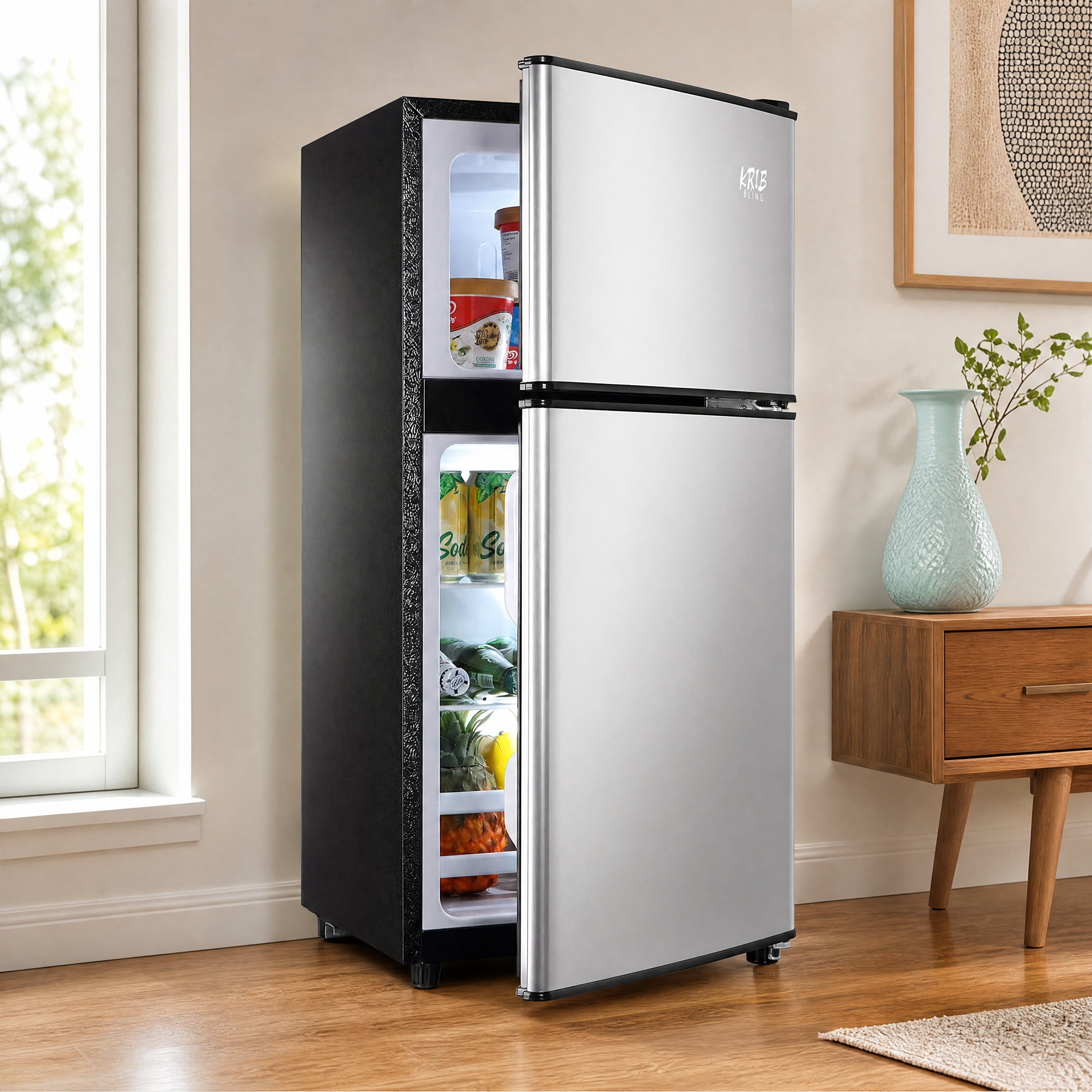 3.5 Cu.Ft Compact Mini Refrigerator with Freezer 2‑Door Small Fridge 16.69"W x17.52"D x34.18"H ABS&Steel Construction Adjustable Thermostat Removable Glass Shelves for Dorm Apartment Office Bar
