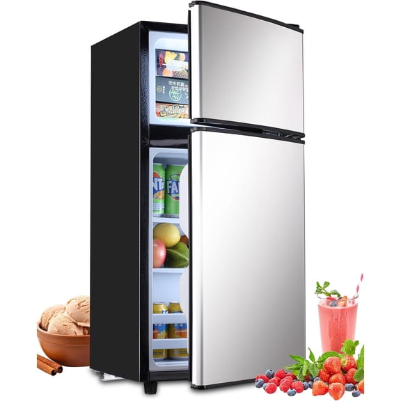 3.5 Cu.Ft Double Door Mini Fridge with Freezer, Compact Refrigerator with 7-Level Thermostat, Low Noise Energy Saving, Removable Glass Shelves, Silver