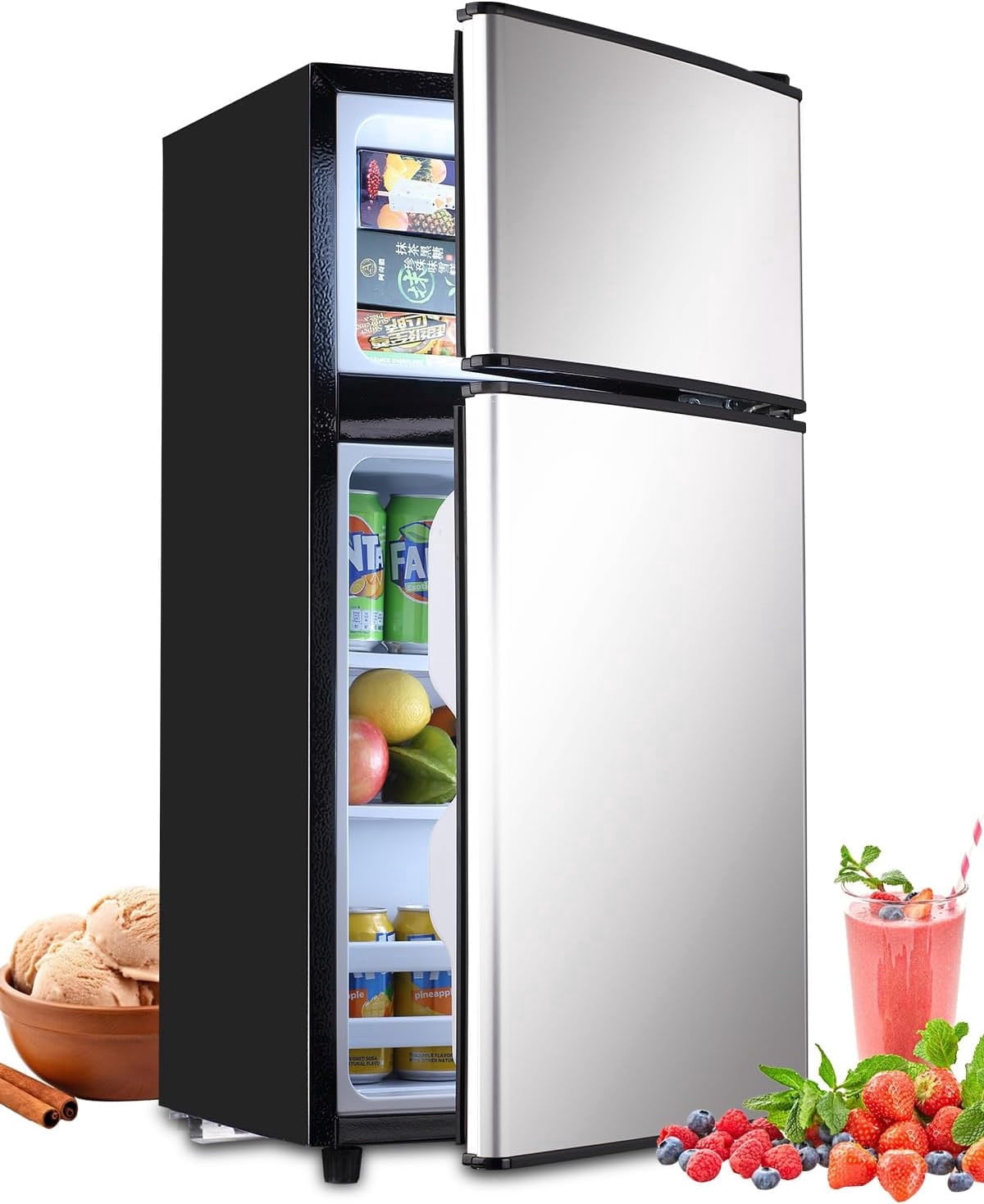 3.5 Cu.Ft Double Door Mini Fridge with Freezer, Compact Refrigerator with 7-Level Thermostat, Low Noise Energy Saving, Removable Glass Shelves, Silver