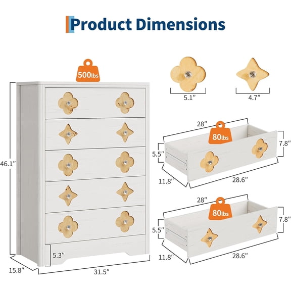 3/5-Drawers Bedroom Dresser - Decorative Front Closet Organizer, Multi-Scene Storage Cabinet for Hallway & Living Room