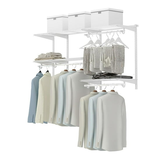 Wall Mounted Closet Organizer System 3 to 5 FT, Reinforced Steel Frame with Adjustable Wire Shelving, Maximize Storage for Bedroom or Garage, White