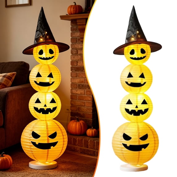 3.5 FT Halloween Collapsible Pumpkin Decorations, Pre-Lit Light Up LED Pumpkin with Star Hat Lighted Mode for Indoor Outdoor Yard Holiday Decor