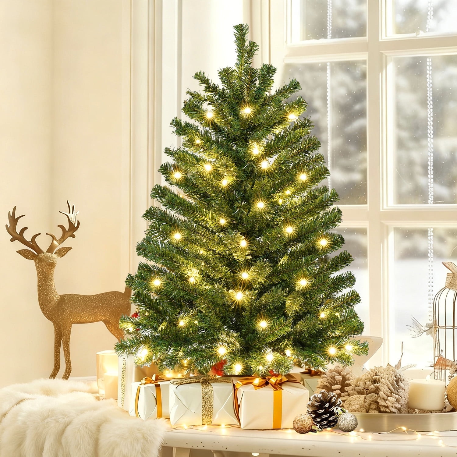 3 FT Pre-Lit Christmas Tree w/ 70 Lights 163 Tips, Hinged Artificial Holiday Xmas Christmas Decoration, Green