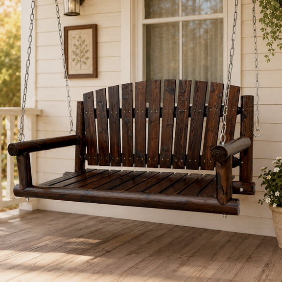 3.5 FT Rustic Log Wooden Porch Swing, Heavy-Duty 900 LBS, Outdoor Hanging Bench for Patio, Garden, Yard Solid Fir Wood, Handcrafted, Weather-Resistant Finish (Rustic, 3.5-feet)