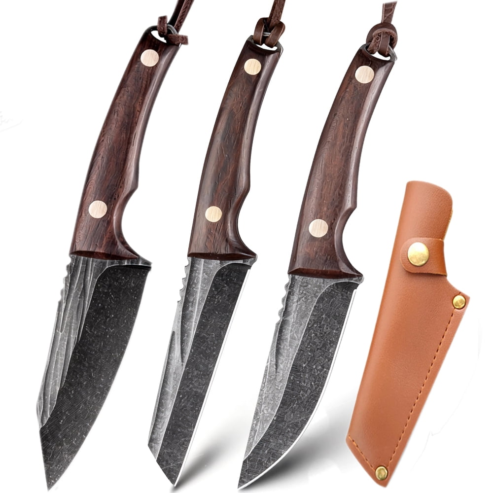 3.5" Fixed Blade Hunting Knife Set Knife Boning Knives Meat Carving Knife Bushcraft Butcher Knives with Lanyard and Leather Sheath