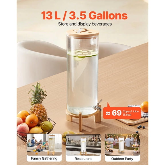 3.5 Gal Party Drink Dispenser - Glass Beverage Container with Durable Stand