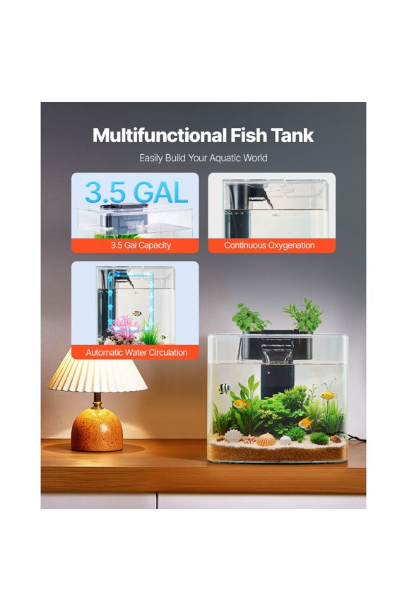 Fish Tank Aquarium, 3.5 Gallon Arch Ultra-Clear GPPS Starter Smart Tank Adjustable 3 Color Lighting, Self Cleaning System Fishbowl for Freshwater & Saltwater Fish Home, Office, or Pet Use