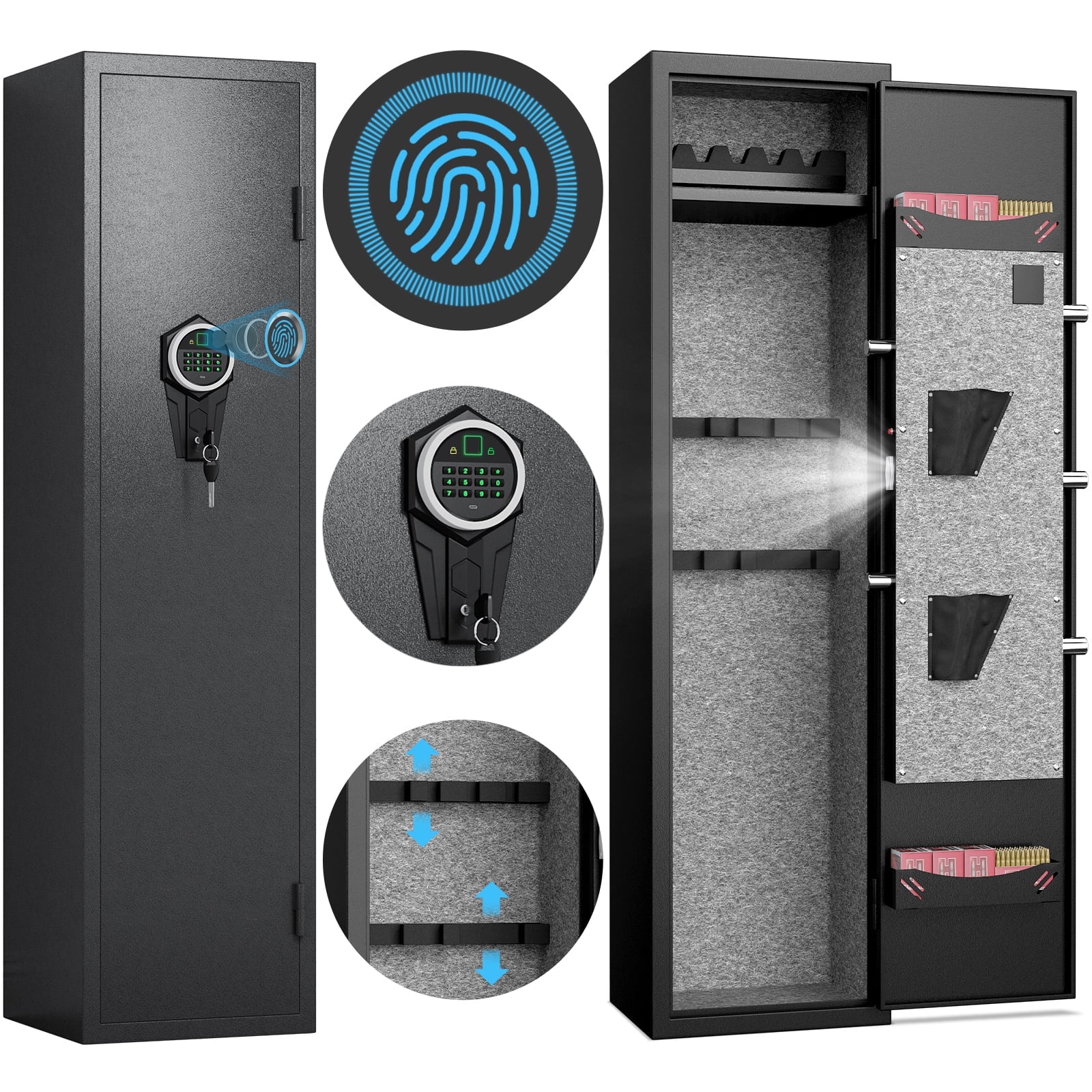 3-5 Gun Safe, Biometric Fingerprint Gun Safe for Pistols, Quick Access Gun Safe with Silent Mode and Alarm System, Gun Cabinet with Removable Shelf and 3 Adjustable Gun Slots