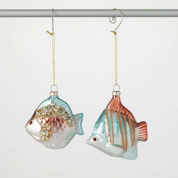 3.5"H & 5"H Sullivans Iridescent Fish Christmas Ornament Duo Set of 2, Blue-Pink