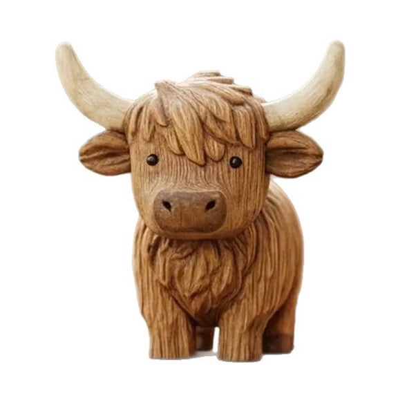3.5" Hand Carved Solid Wood Highland Cow Figurine, Rustic Scottish Coo Wooden Statue, Mini Farmhouse Animal Sculpture for Tiered Tray, Shelf, Desk or Mantel, Country Cottage Home Décor Accent