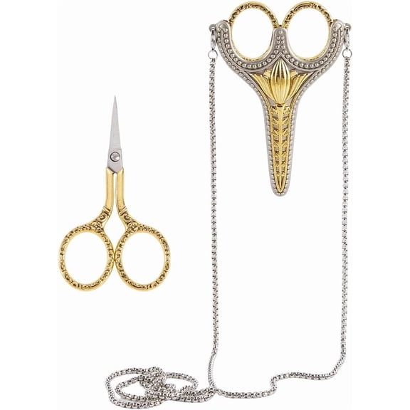 3.5 Inch 1pc Embroidery Scissors Fabric Scissors Golden Chain Vintage Style Necklace Stainless Steel Blade Shears for Sewing Cut Tools Thread Needlework Crafts Supplies Women Adults Gold