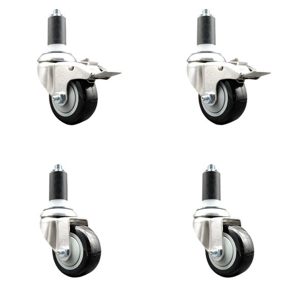 3.5 Inch 316SS Black Polyurethane Swivel 1-1/4 Inch Stem Caster Set 2 Lock Brake
