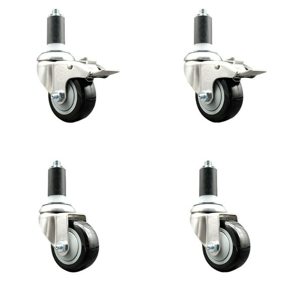 3.5 Inch 316SS Black Polyurethane Swivel 1-3/8 Inch Stem Caster Set 2 Lock Brake