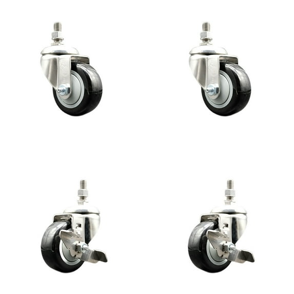 3.5 Inch 316SS Black Polyurethane Swivel 3/8 Inch Stem Caster Set 2 Brake SCC
