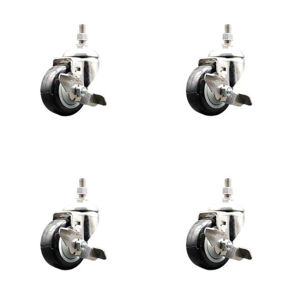 3.5 Inch 316SS Black Polyurethane Swivel 3/8 Inch Threaded Stem Caster Set Brake