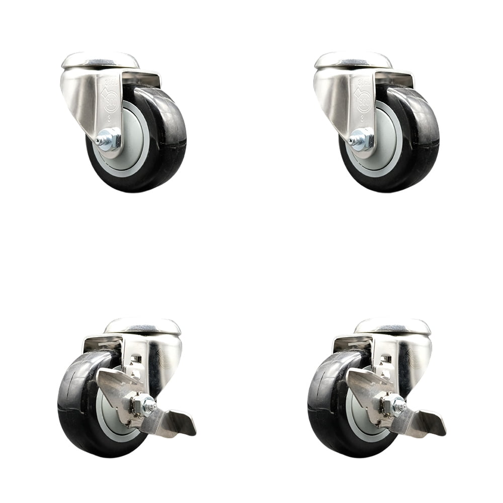 3.5 Inch 316SS Black Polyurethane Wheel Swivel Bolt Hole Caster Set 2 ...