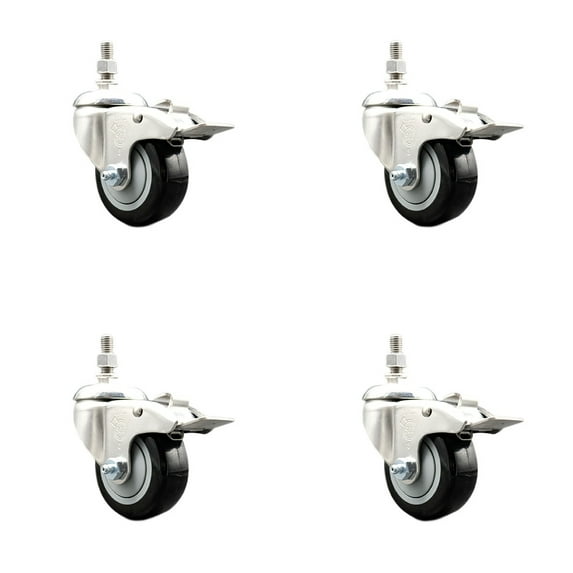 3.5 Inch 316SS Black Polyurethane Wheel Swivel ½ Inch Stem Caster Set Lock Brake