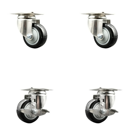 3.5 Inch 316SS Black Polyurethane Wheel Swivel Top Plate Caster Set 2 Brakes SCC