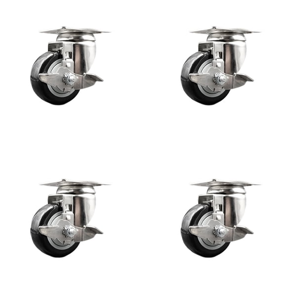 3.5 Inch 316SS Black Polyurethane Wheel Swivel Top Plate Caster Set with Brake