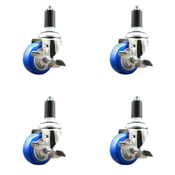 3.5 Inch 316SS Blue Poly Swivel 1-3/8 Inch Expanding Stem Caster Set Brake SCC