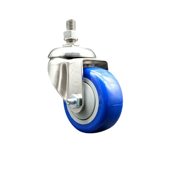 3.5 Inch 316SS Blue Polyurethane Wheel Swivel 12mm Threaded Stem Caster SCC