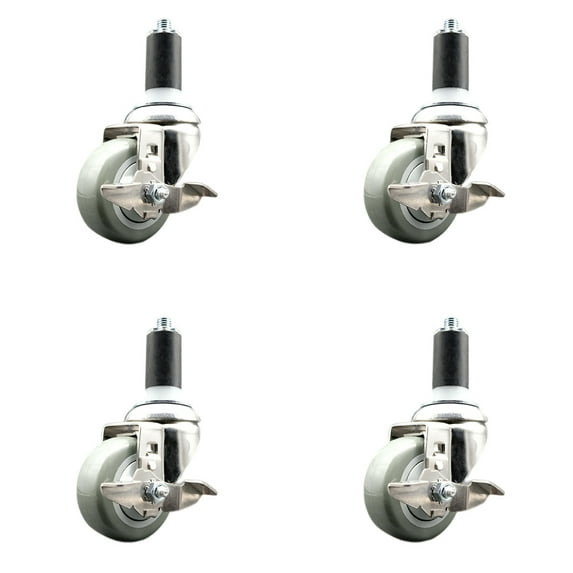 3.5 Inch 316SS Gray Poly Swivel 1-3/8 Inch Expanding Stem Caster Set Brake SCC