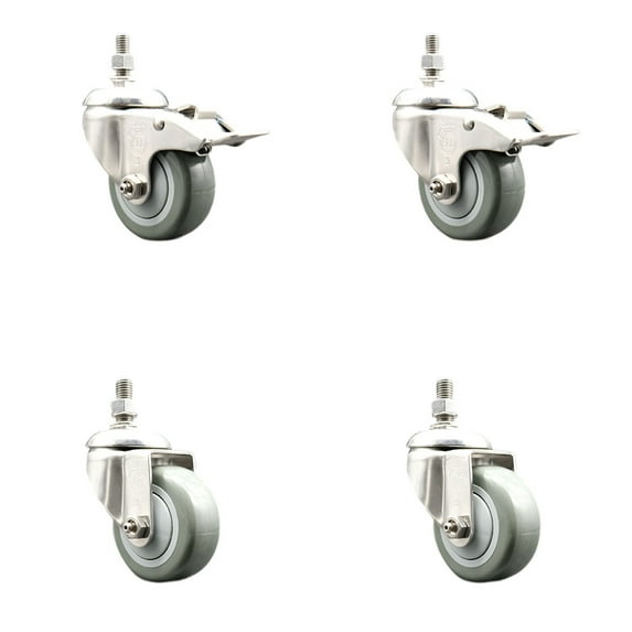 3.5 Inch 316SS Gray Polyurethane 12mm Threaded Stem Caster Set 2 Lock Brake
