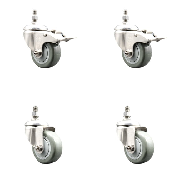 3.5 Inch 316SS Gray Polyurethane ½ Inch Threaded Stem Caster Set 2 Lock Brake