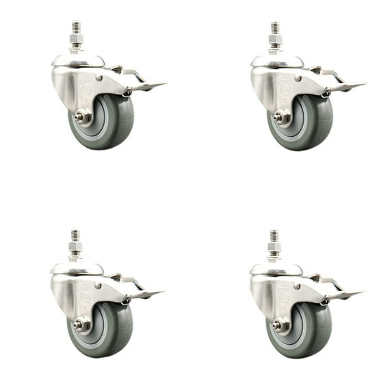 3.5 Inch 316SS Gray Polyurethane Swivel 3/8 Inch Stem Caster Set Lock Brake SCC