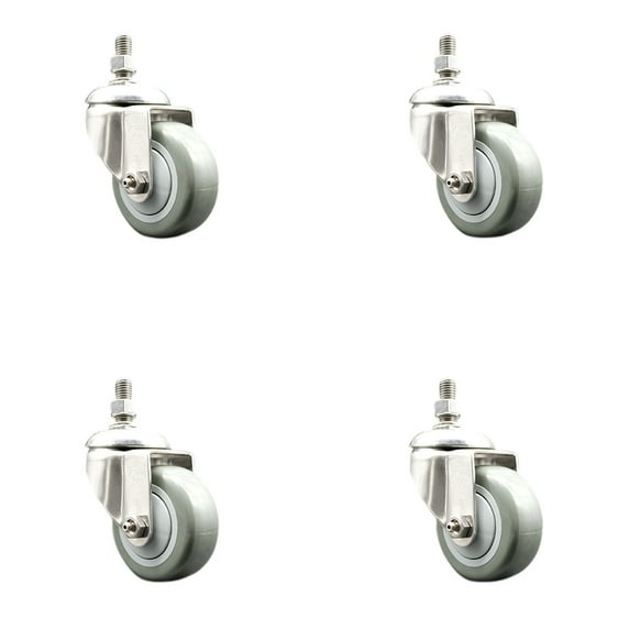 3.5 Inch 316SS Gray Polyurethane Wheel Swivel 3/8 Inch Threaded Stem Caster Set