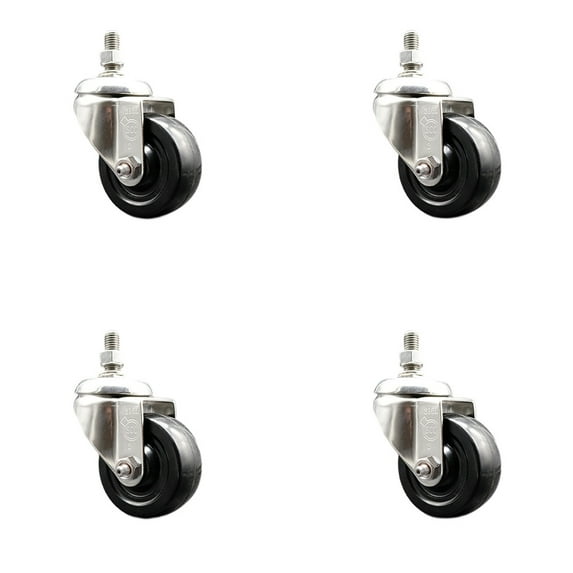 3.5 Inch 316SS Hard Rubber Wheel Swivel ½ Inch Threaded Stem Caster Set SCC
